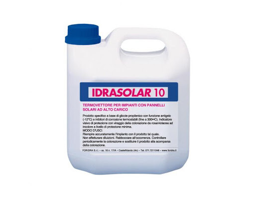Idrasolar 10, antigelo premiscelato, 25kg, per il riempimento degli impianti con pannelli solari a circolazione naturale, piani - sottovuoto, con protettivi stabili fino a 300°, marca Foridra, Puglia Termica