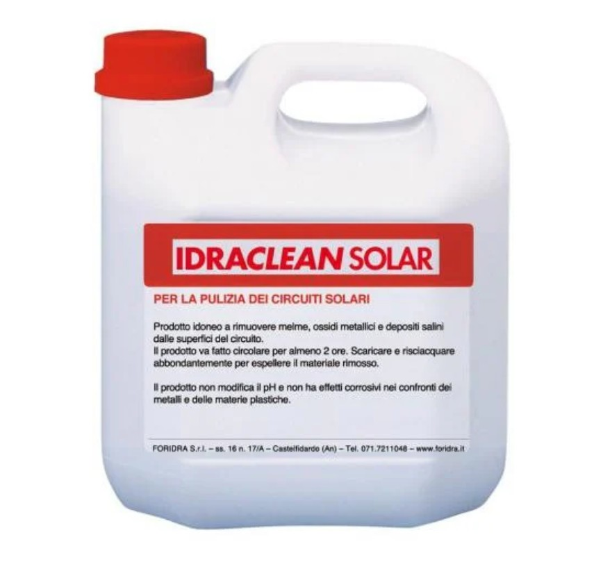 Idraclean solar, pulitore per circuiti solari, 5kg, idoneo a rimuovere depositi salini, ossidi metallici e residui organici, ad elevato potere disperdente e pulente, marca Foridra, Puglia termica